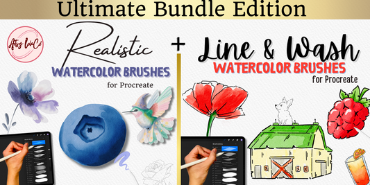 Ultimate Bundle Edition showing the Realistic Watercolor Brushes and Line and Wash Watercolor Brushes included in the bundle for Procreate on iPad. Image includes painting previews created with the brush sets.