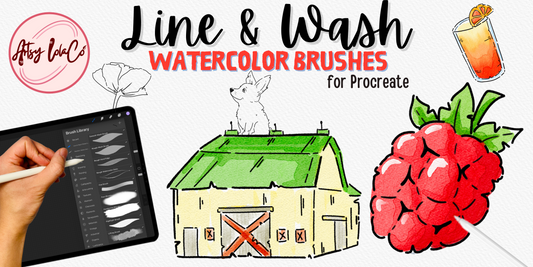 Line and Wash watercolor brushes for Procreate on iPad with digital painting previews, including a barn and fruit illustration.